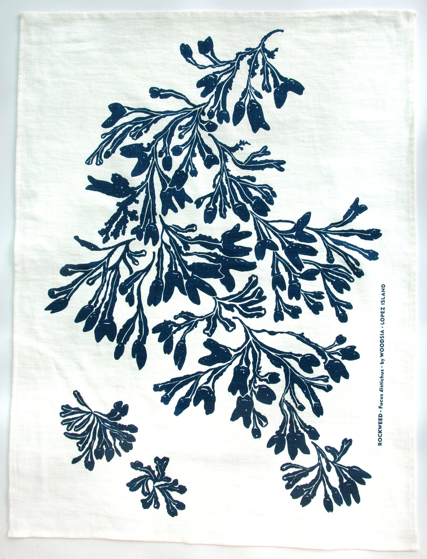 Seaweed Kitchen Towel in Navy on White Linen