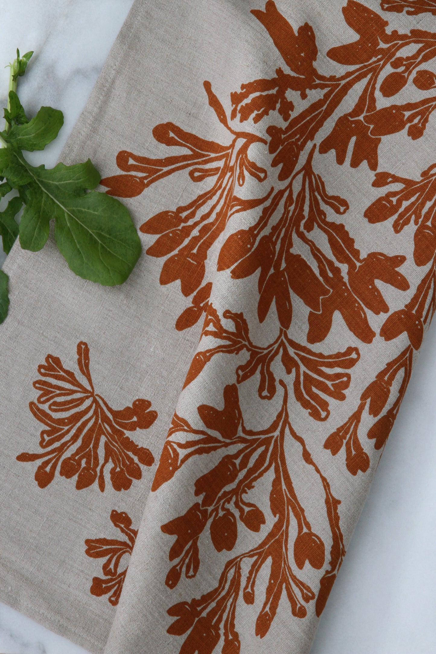 Seaweed Kitchen Towel in Ochre on Natural Linen