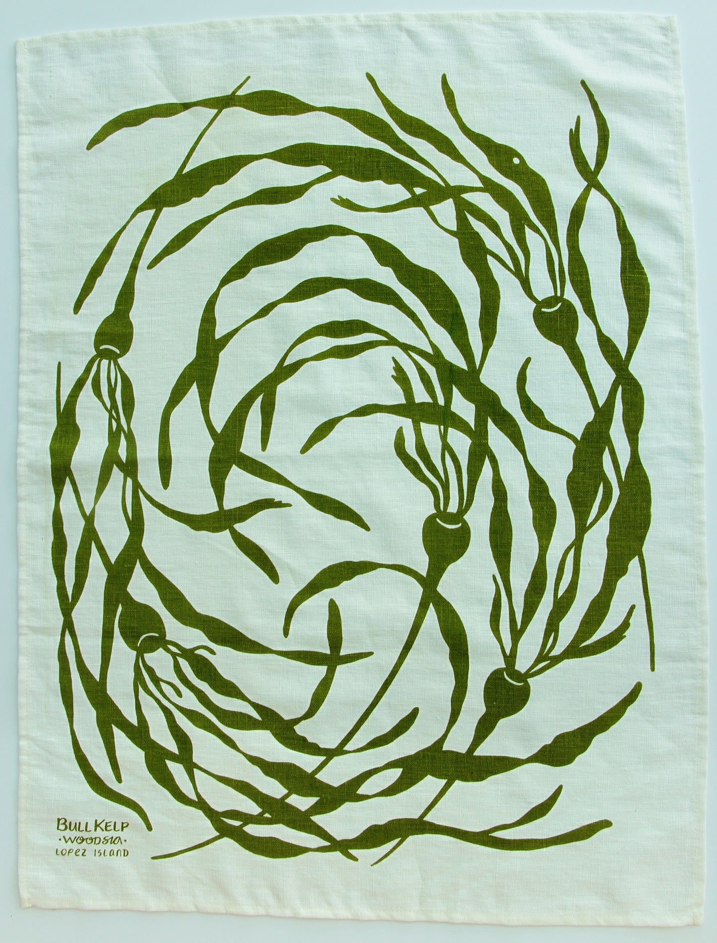 Kelp Swirly Kitchen Towel in Sprig on White Linen