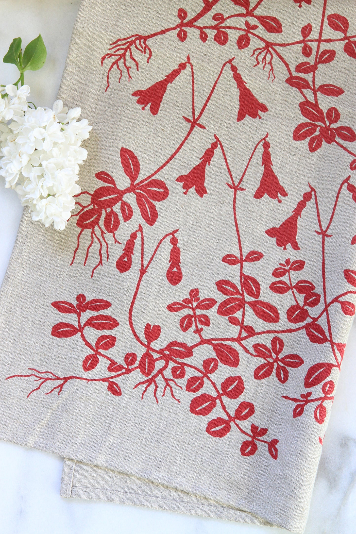 Twinflower Kitchen Towel in Coral on Natural Linen