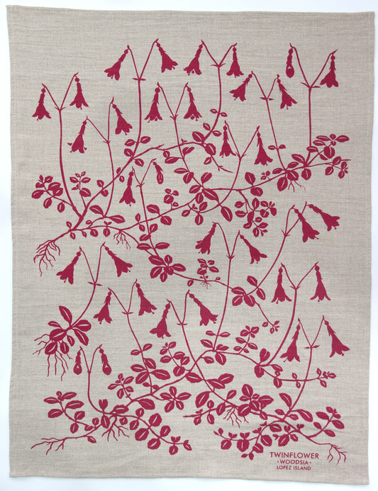 Twinflower Kitchen Towel in Peony Pink on Natural Linen