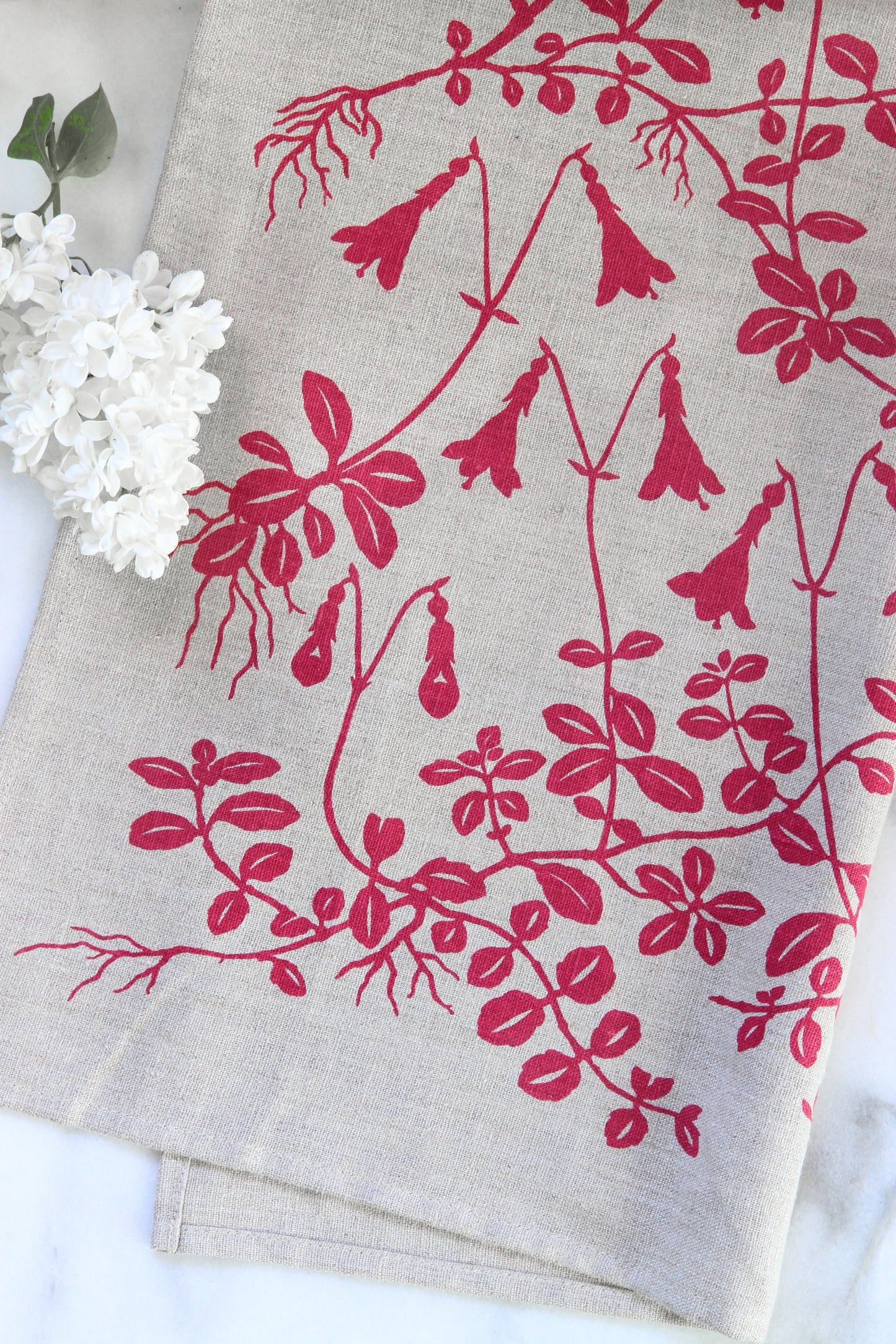 Twinflower Kitchen Towel in Peony Pink on Natural Linen