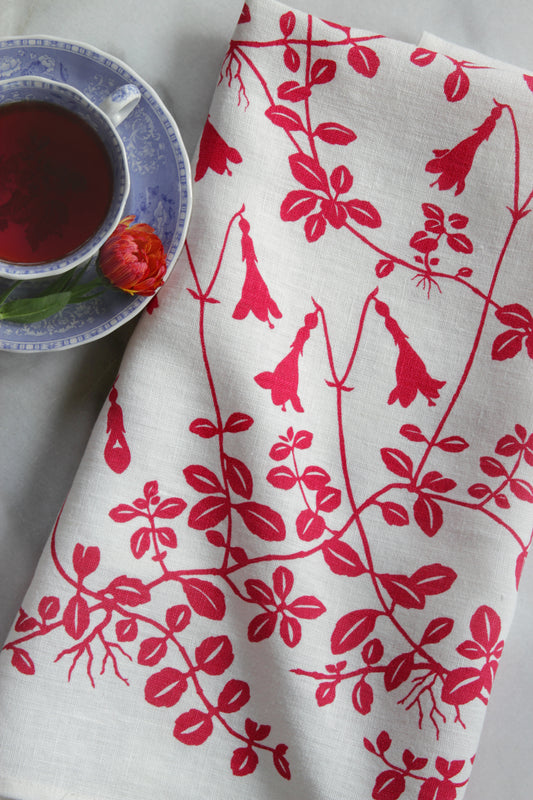 Twinflower Kitchen Towel in Peony Pink on White Linen