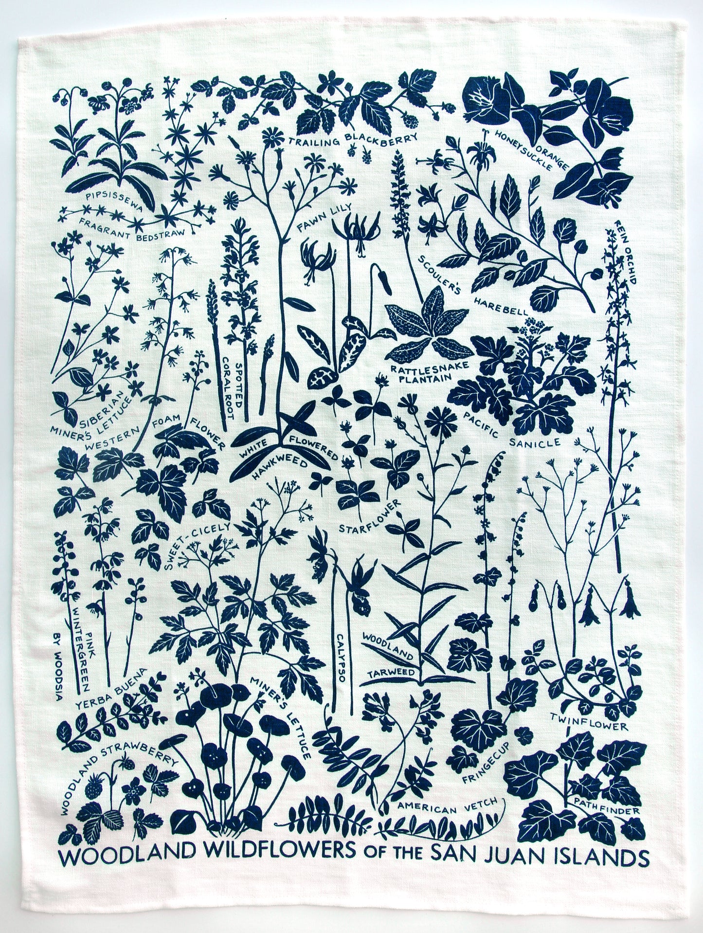 Woodland Wildflower Kitchen Towel in Navy on White Linen