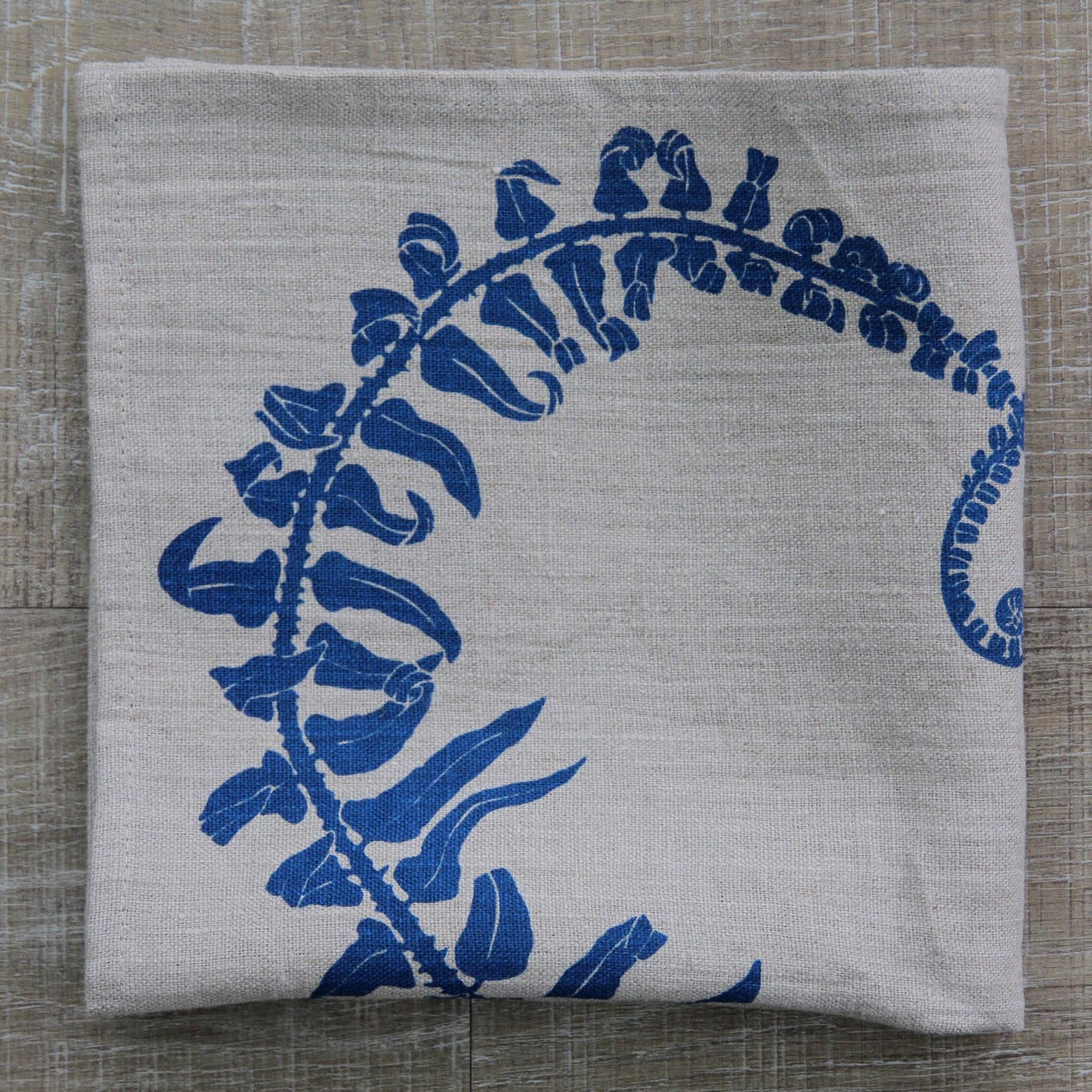 Sword Fern Heart Napkin in Clear Blue on Natural Flax Linen
