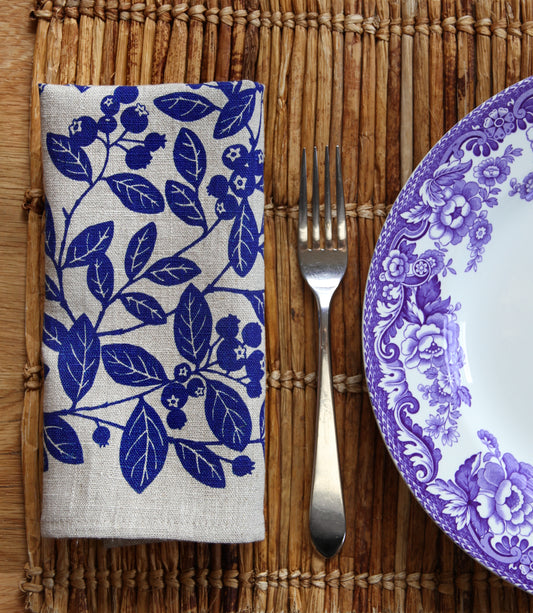 Blueberry Napkin in Blueberry Pie Blue on Natural Flax Linen
