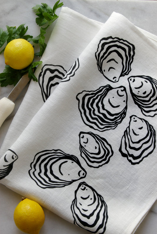 Oyster Kitchen Towel in Black on White Linen