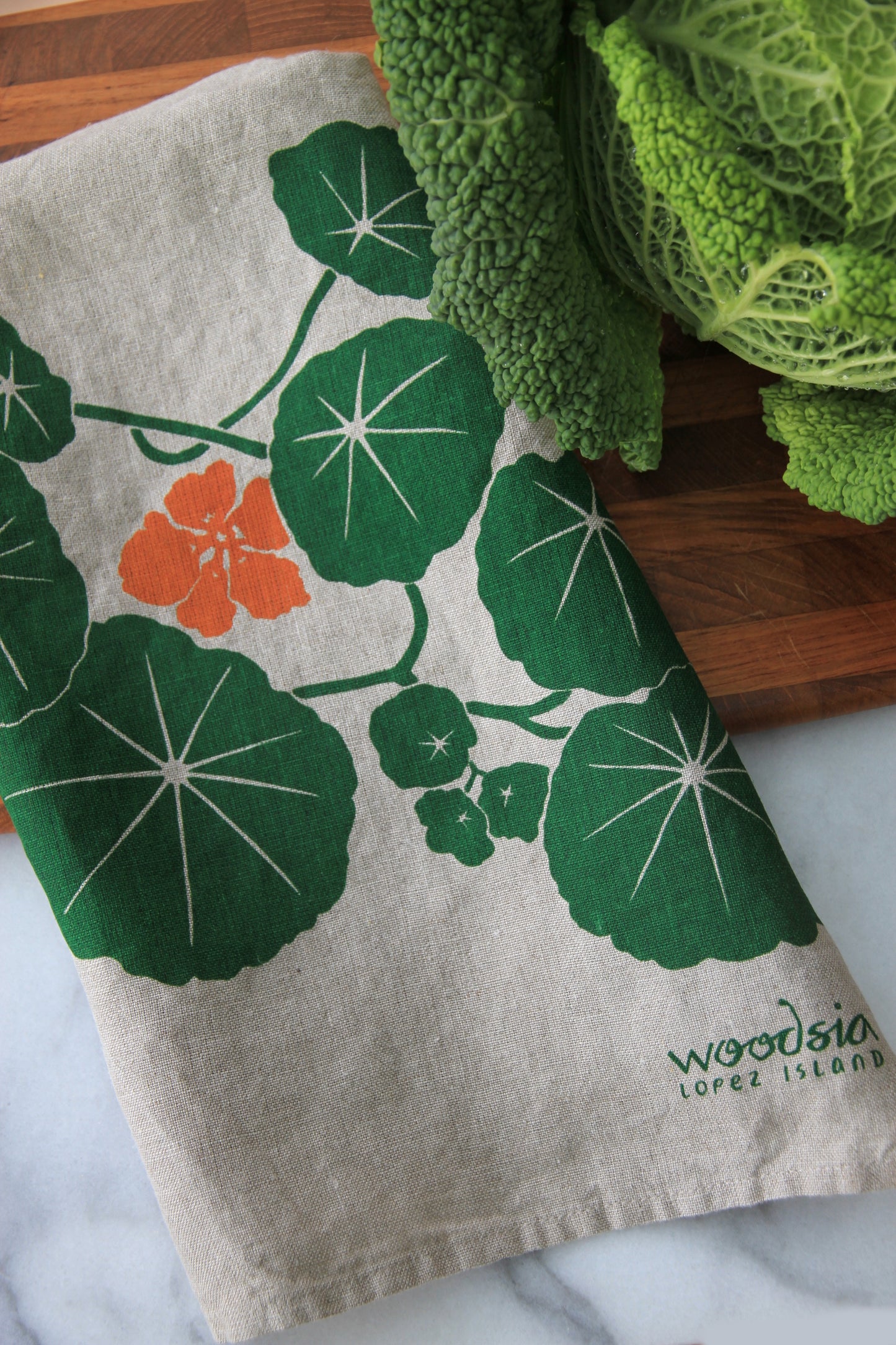 Nasturtium Kitchen Towel on Natural Linen