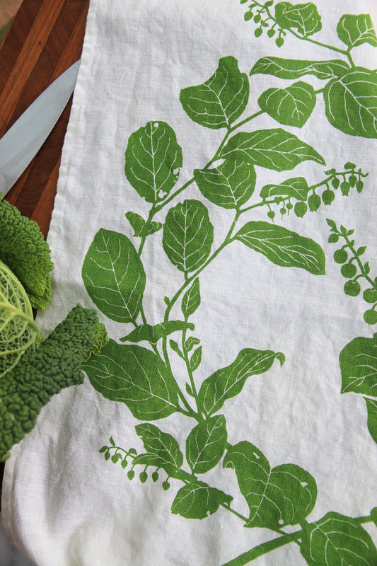 Salal Kitchen Towel in Leaf on White Linen