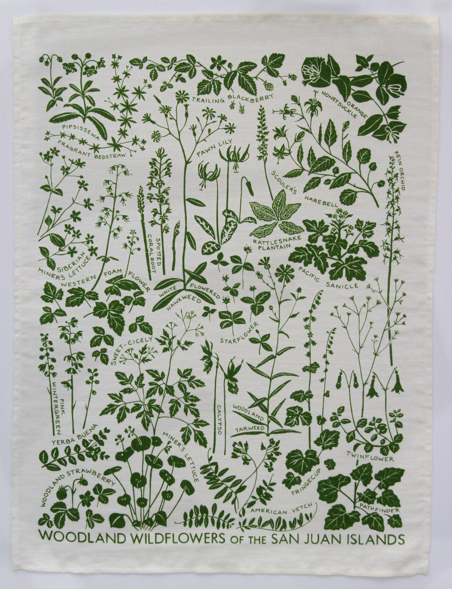 Woodland Wildflower Kitchen Towel in Spring Green on White Linen