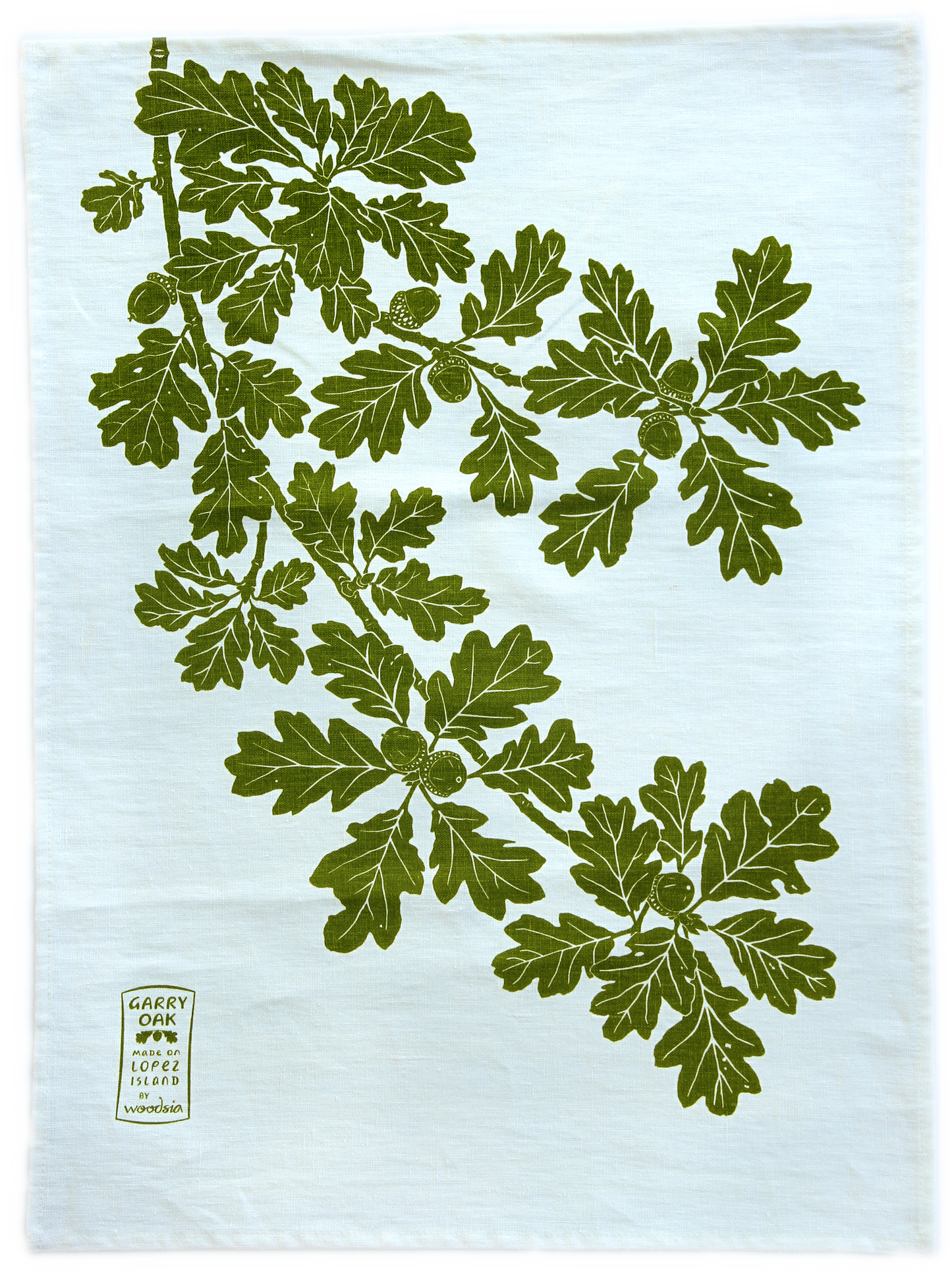 Garry Oak Kitchen Towel in Spring Green on White Linen